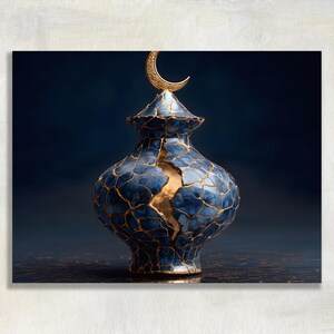 May include: A blue ceramic vase with a gold crescent moon on top. The vase has a cracked design with gold accents. The background is a dark blue color.