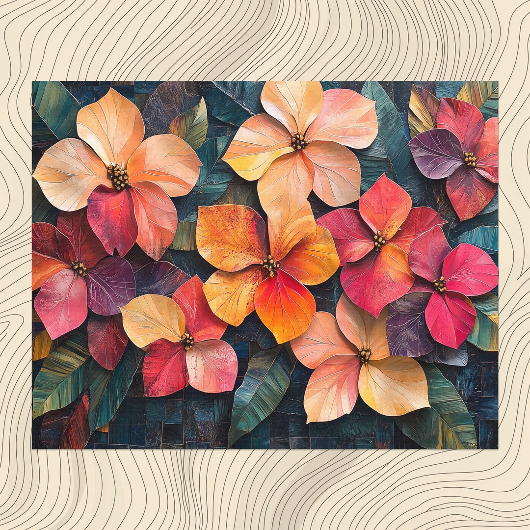 Tropical Collage Canvas Wall Art, Vibrant Exotic Flowers Leaves Mixed