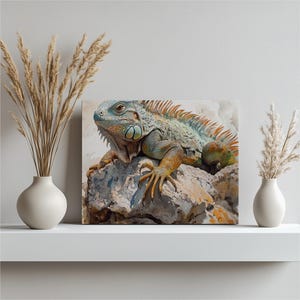 Lienzo de iguana con acuarela vibrante: decoración colorida de reptil lagarto para el hogar, la oficina y la sala de estar - Ilustración natural única
