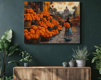 Mexico Canvas Wall Art oil painting, high detail, super realistic, cinematic lighting, Oaxaca markets, traditional marigolds, high, Home Art