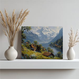 Schweiz Leinwand Wandkunst, atemberaubende Landschaft, Alpenlandschaft, Schokoladenberge, Schweizer Dekor, rustikales Kunstwerk, hochwertiger Druck