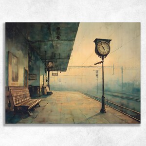 May include: A painting of a train station platform featuring a wooden bench under a covered roof, a tall metal clock post standing on the platform, and railway tracks extending into a hazy, golden-toned distance under a soft, diffused sky.