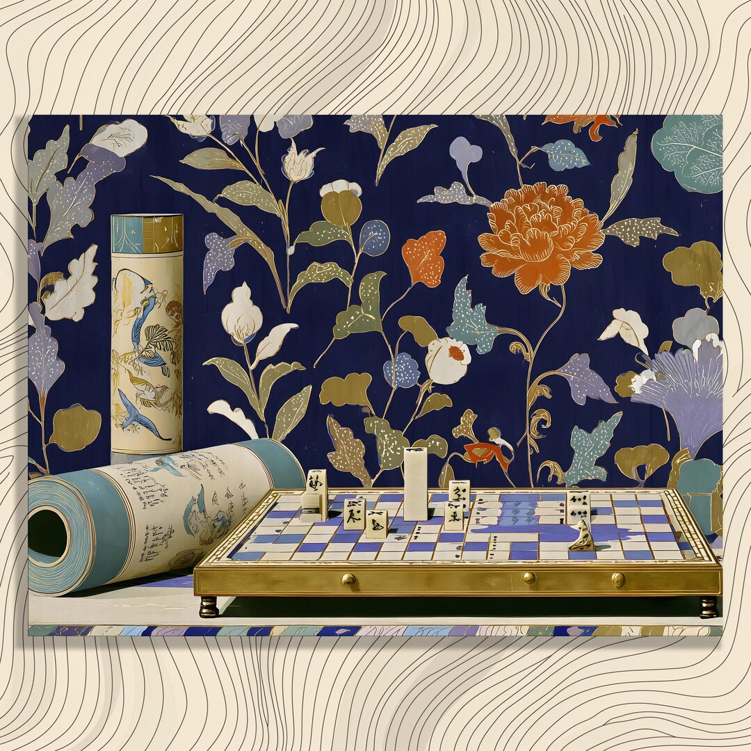 Vintage Chinoiserie Floral Canvas Wall Art – Navy Blue Peony Botanical ...