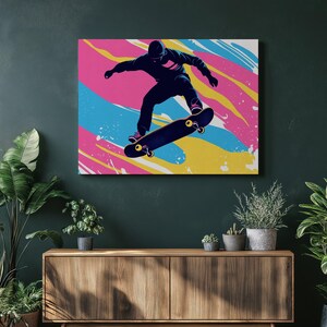 Vibrant Skateboard Wall Art Canvas - Modern Skateboarding Trick Print, Urban Decor for Living Room Bedroom Studio, Perfect Gift for Skaters