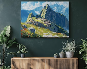 Mystical Machu Picchu Canvas Wall Art - Vibrant Peru Landscape Painting of Ancient Andes Mountains Ruins Nostalgic Travel Decor for Home