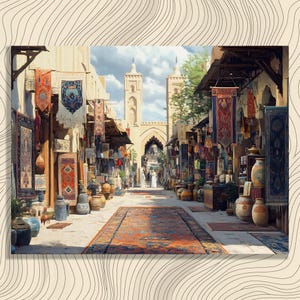 May include: An artistic rendering of a bustling marketplace. The scene features a long street lined with shops displaying colorful rugs, pottery, and textiles. A large archway and two towers are visible in the background. Banners and rugs hang from the shop fronts.