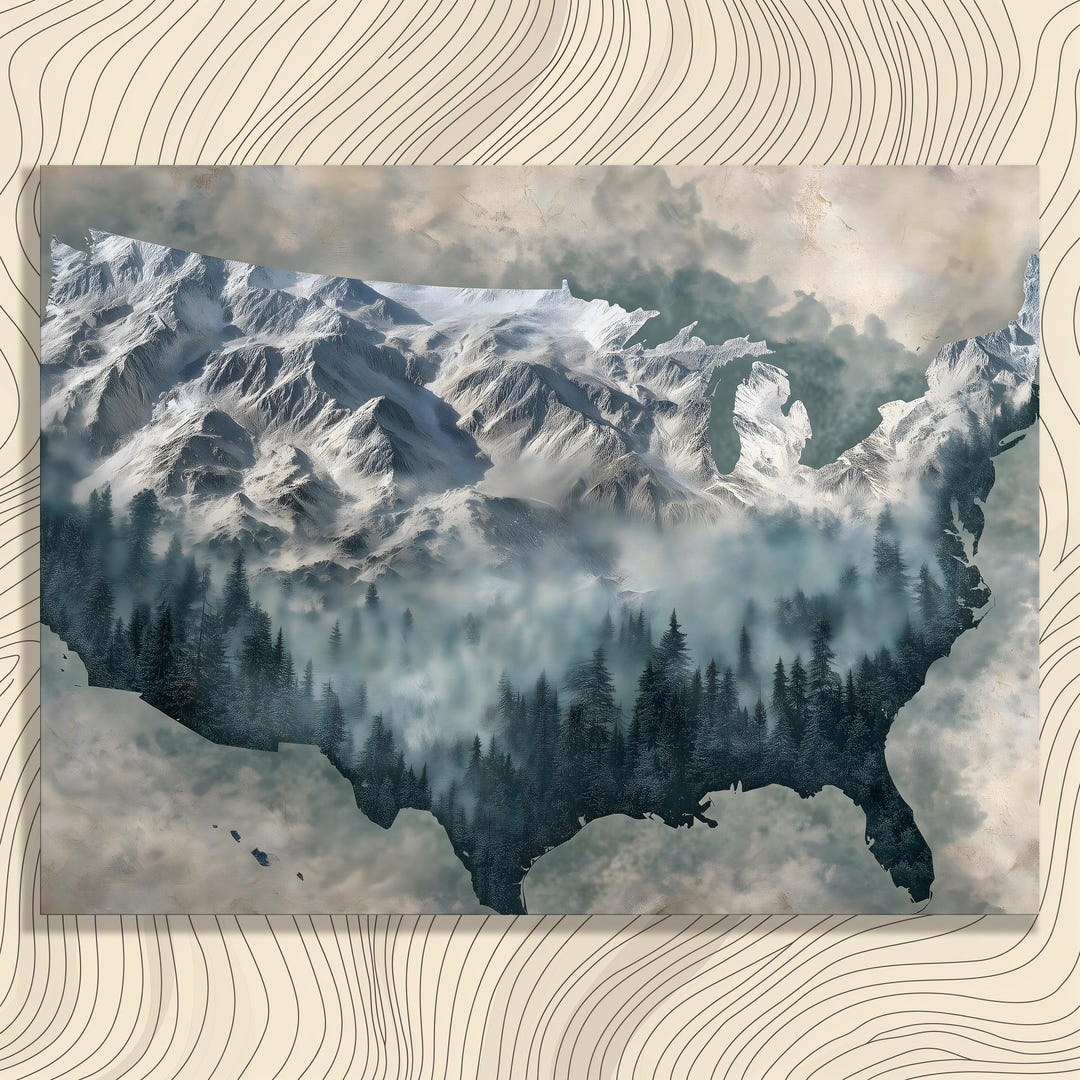 United States Map Canvas Wall Art - Vintage American Evergreen Forest