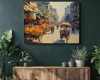 Vibrant Bangladesh canvas wall art, Stunning Dhaka street scene, Tropical colors, Colorful rickshaws, Exotic market, Urban landscape decor