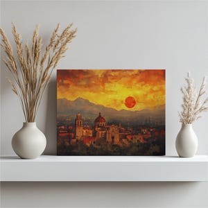 Mexico Sunset Cityscape Canvas Wall Art - Colorful Modern Mexican Urban Landscape Painting, Vibrant Architecture Print for Living Room Decor
