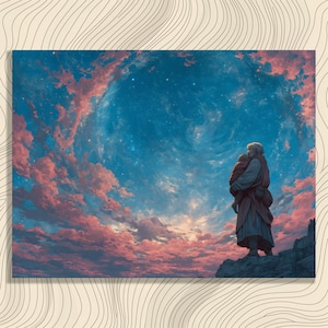 Art mural surréaliste moderne sur toile - Silhouette rêveuse de parent et d'enfant sous des nuages roses vifs avec des étoiles célestes pour un cadeau de famille unique