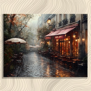 Cozy Rainy Cafe Canvas Wall Art – Vintage Autumn Impressionist Street Scene Print Decor Gift for Art Lovers and Travelers Perfect Gift