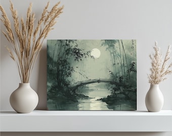 月明かりの竹橋キャンバスウォールアート – 水墨画ミニマリスト