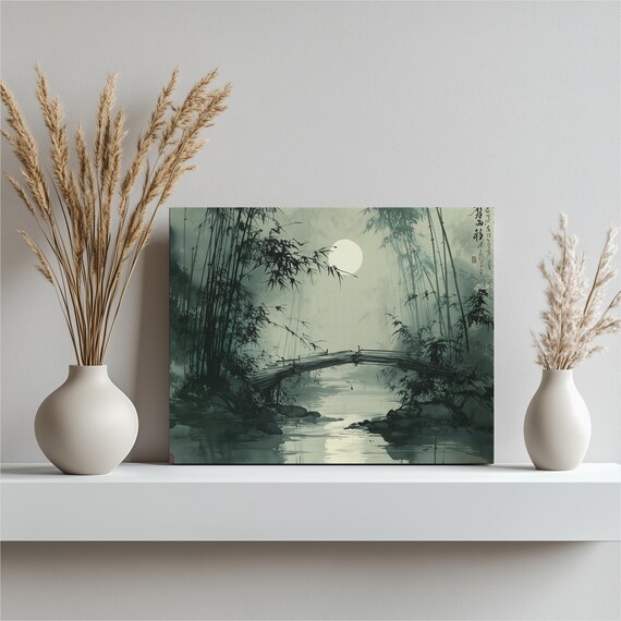 月明かりの竹橋キャンバスウォールアート – 水墨画ミニマリスト