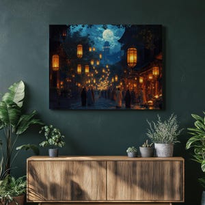 Lanterns Canvas Wall Art Ramadan Celebration Night Scene Street Decor Moonlight Colorful Traditional Art Home Decor for Living Room Bedroom