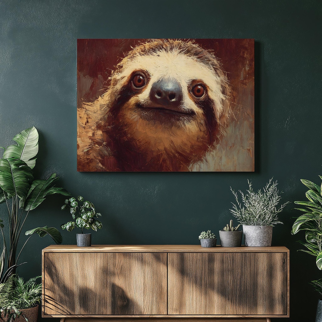 Modern Sloth Portrait Canvas Wall Art – Wildlife Painting Animal Face ...