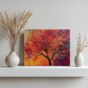 Décoration murale sur toile arbre automnal vibrante - feuilles d&#39;automne colorées, décoration naturelle dans des rouges chauds, des oranges violets, peinture de paysage pour la maison