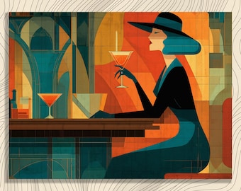 May include: Art Deco style illustration of a woman in a black hat and dress, seated at a bar. She holds a cocktail in a stemmed glass. The background features geometric shapes in teal, orange, and brown tones, with a retro aesthetic.