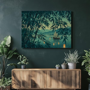 Art mural serein en bambou lac - bateaux en papier lueur lanterne montagnes brumeuses luciole rougeoyante reflet paysage zen impression traditionnelle