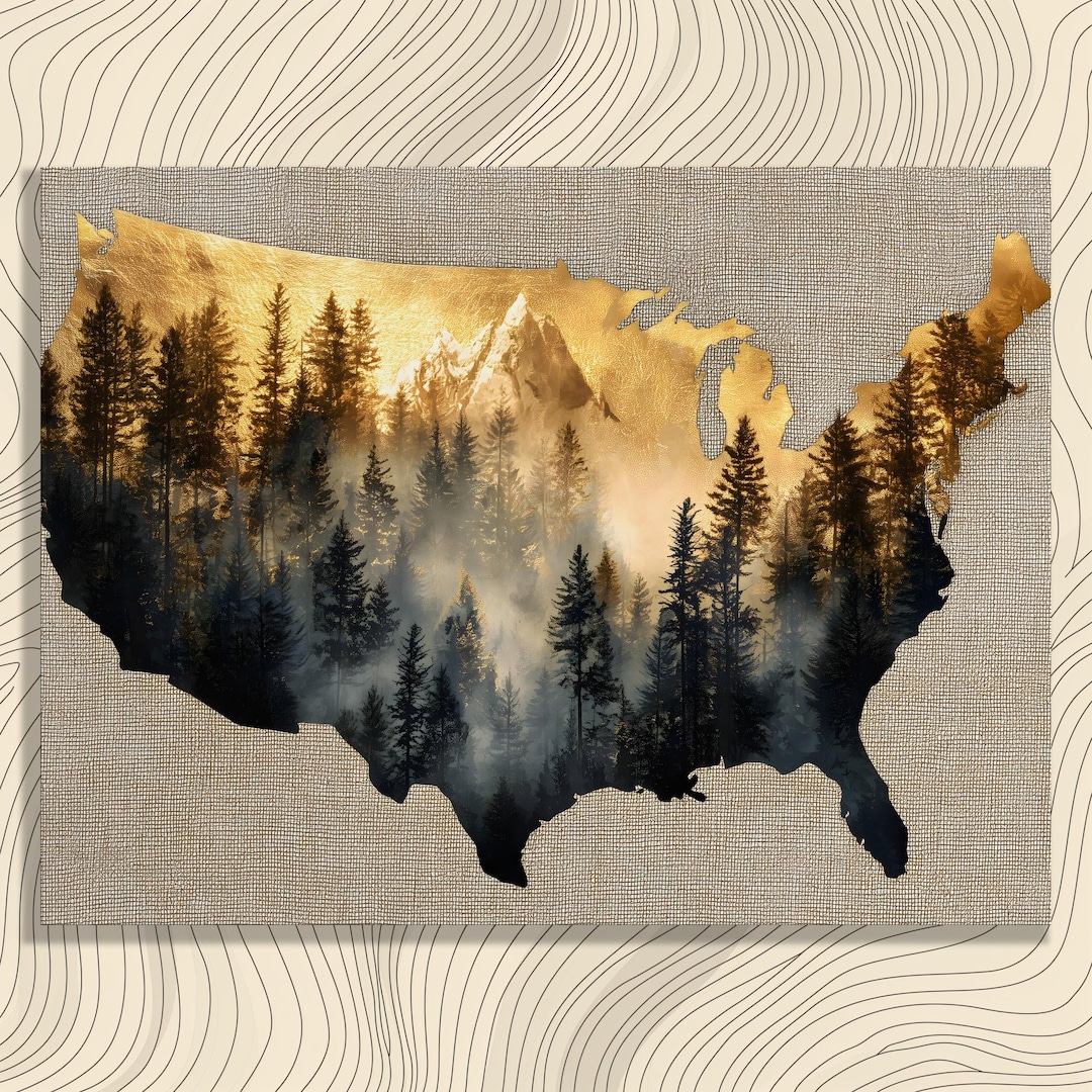 United States Map Canvas Wall Art - Gold Mountain Forest Silhouette