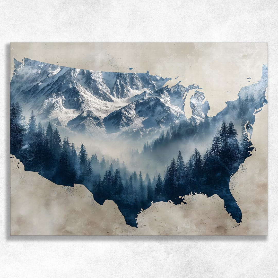 United States Map Canvas Wall Art - Blue Mountain Forest USA Silhouette
