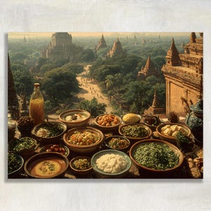 Myanmar Bagan Temple Canvas Wall Art, Dawn Pagoda Road Oil Painting, Tea Leaf Salad Lacquer Bowls, Southeast Asia Home Decor Print
