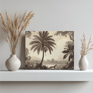 Vintage Tiger Jungle Canvas Wall Art – Sepia palm tree engraving wildlife artwork tropical forest landscape canvas tropical wall art gift