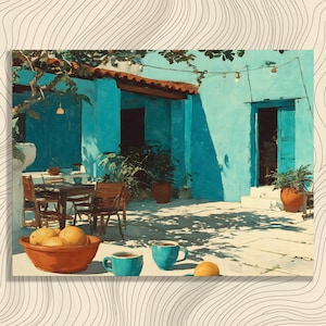 May include: An outdoor scene featuring a turquoise building with a red-tiled roof and open door. A table and chairs are set for dining, with a bowl of oranges and two turquoise mugs. Potted plants and string lights add to the ambiance.