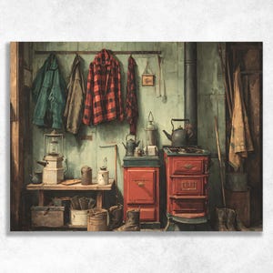 May include: A rustic interior scene featuring a red wood-burning stove, a dark metal kettle, and a lantern on a wooden workbench. Several jackets, including a red and black plaid shirt, hang on the wall above various metal containers and boots.