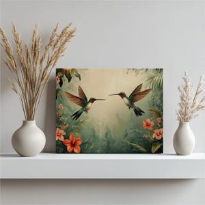 Vibrant Tropical Hummingbirds Stretched Canvas Wall Art Print - Detailed Jungle Flowers Painting Home Decor Gift for Nature Bird Lovers