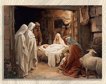 Nativity Scene Canvas Wall Art – Holy Family painting religious artwork Christian wall art Christmas decor manger scene print spiritual gift