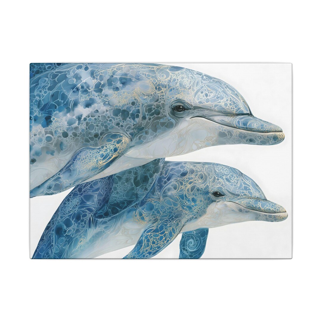 Blue Dolphin Canvas Wall Art - Watercolor Coastal Decor Print of Two ...