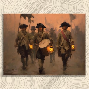 May include: An artistic print depicts a group of historical figures marching in a procession. The figures wear period clothing, carry lanterns, and a drum. The color palette is muted, with warm tones of brown and orange dominating the scene, creating a vintage aesthetic.
