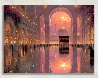 Kaaba Mecca Sunset canvas wall art - Islamic decor print of sacred mosque painting colorful spiritual Mecca gift artwork wall decor