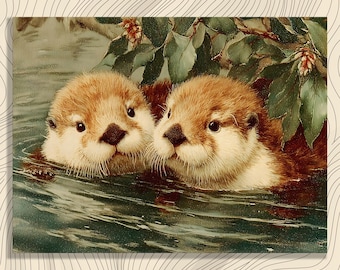 Sea otters canvas wall art - vintage coastal animal print with cute otter pair in water nature nursery decor wildlife illustration gift