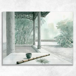 May include: A bamboo flute and a small ceramic cup resting on a stone floor within a covered pavilion. The scene features wooden pillars, a tiled courtyard, and lush green foliage in the background, rendered in a soft, ink-wash style illustration.