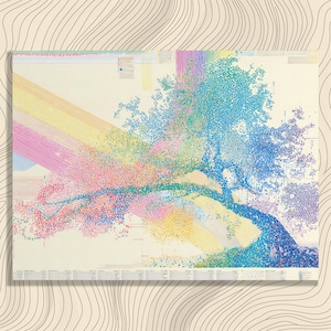 Könnte beinhalten: Ein farbenfroher abstrakter Kunstdruck mit einem Baum aus blauen, grünen und violetten Punkten. Ein Regenbogen aus rosa, gelben und blauen Linien geht vom Baum aus und erzeugt eine lebendige und dynamische Komposition. Das Kunstwerk befindet sich auf cremefarbenem Hintergrund.