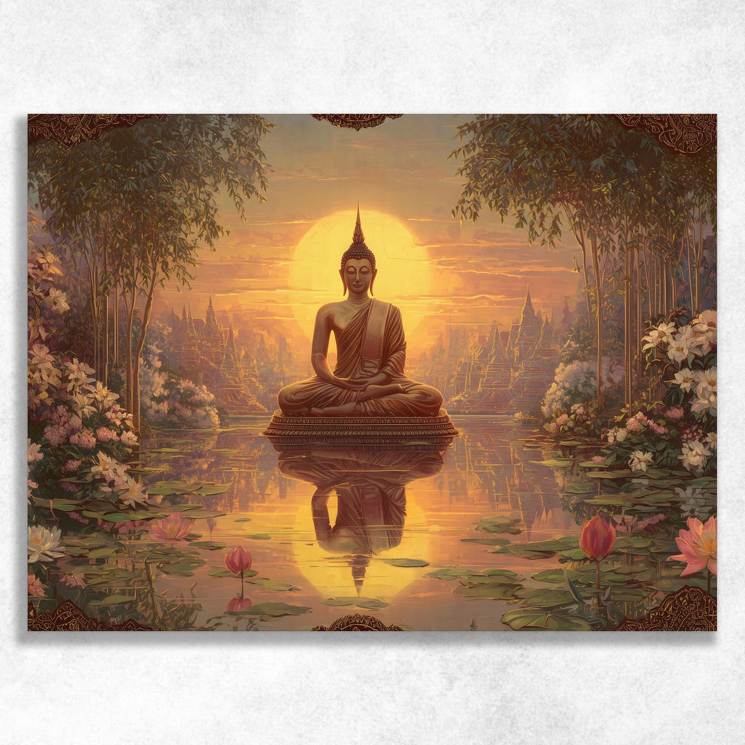 Golden Buddha Lotus Canvas Wall Art - Serene Meditation Decor Thai ...