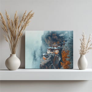 Bhutan Canvas Wall Art Tigers Nest, Spiritual Retreat Print Misty Mountain Poster Bhutanese Wall Decor Inspire Tranquil Home Aesthetic