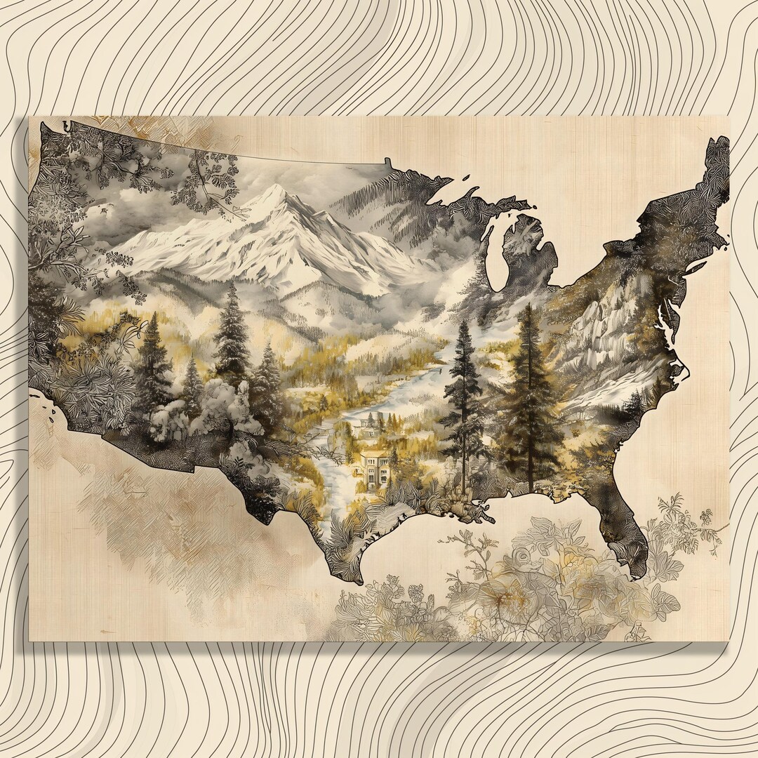 United States Map Canvas Wall Art - Vintage Mountain Landscape USA