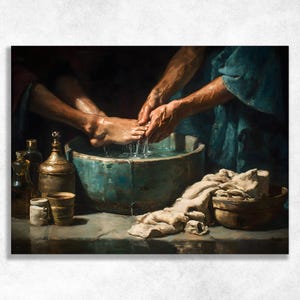 May include: A painting depicting a biblical scene of foot washing. The artwork features a person's feet being washed in a teal basin by another person. Various bottles and a towel are also visible.