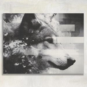 Black and White Wolf Canvas Wall Art, Distressed Halftone Wildlife Print, Moody Glitch Animal Portrait for Cabin and Nordic Decor
