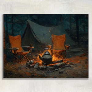 May include: A dark forest campsite scene featuring a large grey tent, two orange folding chairs, and a black metal kettle resting on a glowing campfire with burning logs. The scene is illuminated by the warm orange light of the fire.