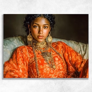 May include: A portrait of a person wearing an orange dress with gold jewelry. The dress has a floral pattern. The jewelry includes a necklace, earrings, and a headpiece. The person has dark hair and is seated on a light blue surface.