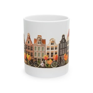 Amsterdam Coffee Tea Mug, Netherlands Tea Cup, Country Tourist,  Bicycles, Tulips, Houses, Dutch Gift, NL, Vintage Souvenir, Historic, Art