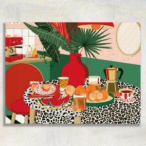 May include: A vibrant illustration of a kitchen scene featuring a red vase with large green palm leaves, a red chair, a leopard print tablecloth, a moka pot, sliced watermelon, oranges, and glasses of juice set against a pink and green wall.