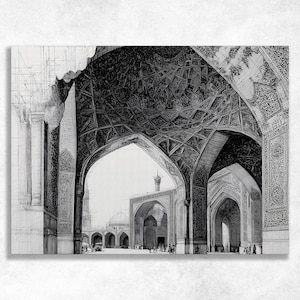 May include: Black and white architectural drawing of a mosque interior. The image features arched doorways, ornate ceiling patterns, and detailed structural elements. The drawing style suggests a focus on precision and detail.