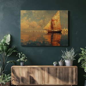 Qatar Canvas Wall Art, detailed oil painting illustration of Doha traditional dhow boats high resolution cinematic lighting, Art for Bedroom