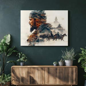 May include: Canvas art print featuring a profile of a man with a beard and turban, overlaid with an architectural scene and riders on horseback. The artwork has a muted color palette with a focus on historical themes.