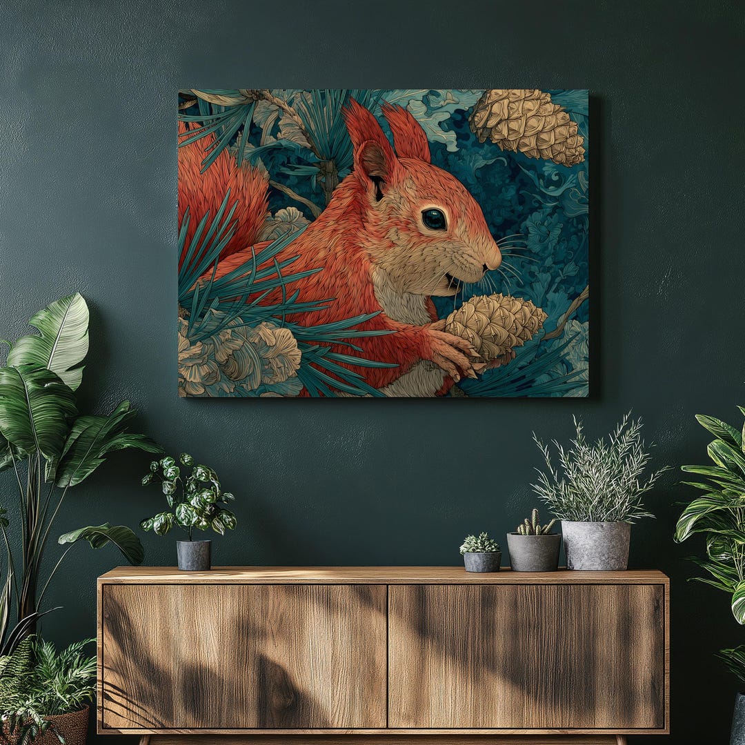 Colorful Red Squirrel Canvas Wall Art – Woodland Animal Print With Pine ...