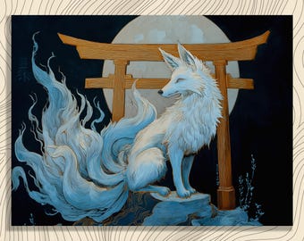 Negenstaartvos canvas kunst aan de muur - maanverlichte torii poort kitsune print Japanse folklore decor mystieke vos geest onder volle maan nacht